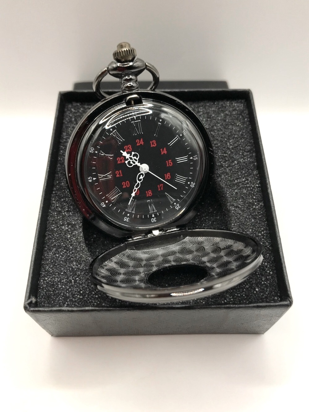Black Pocket Watch with Red 24-Hour Dial